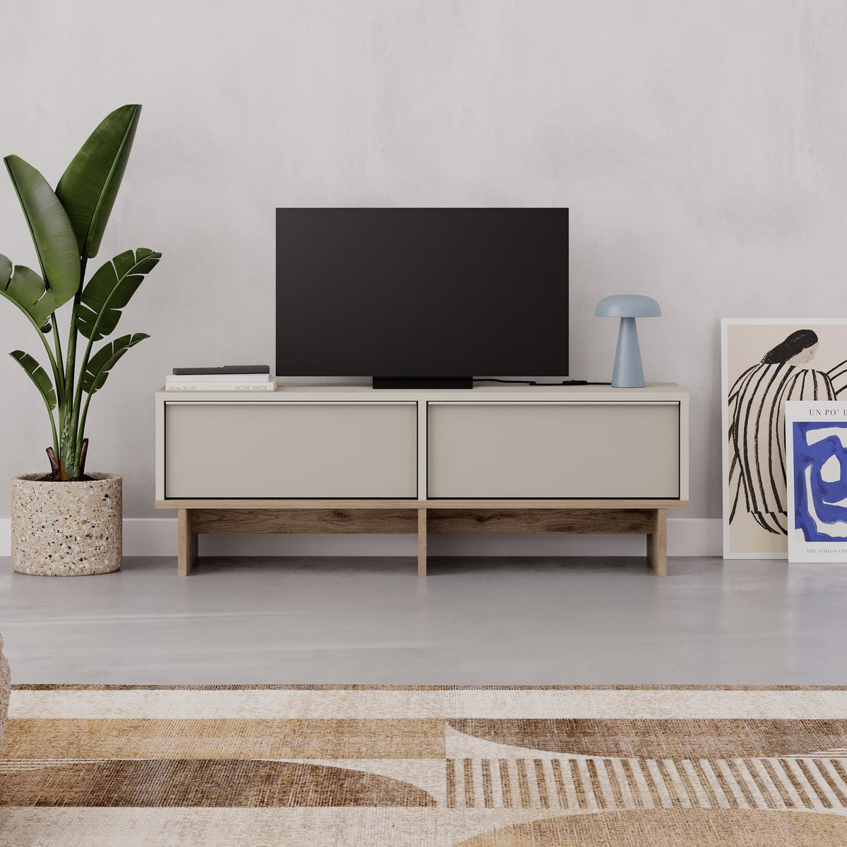 Eldro 118cm TV Stand with 2 Soft-Close Drop-Down Doors — Sandstone, Natural Oak