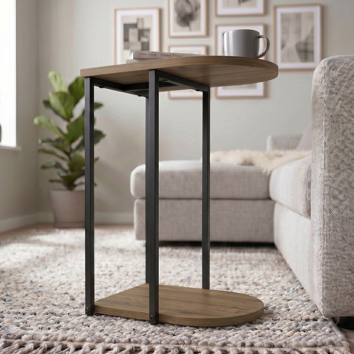 Yrsel 42cm Half-Round Side Table with Lower Shelf — Dark Oak Effect