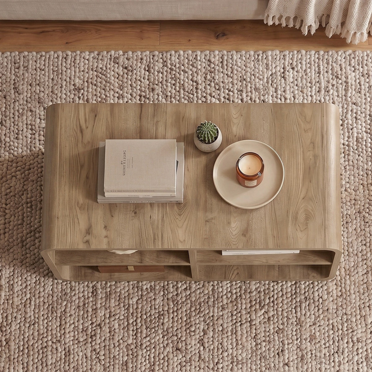 Bevund 80 cm Coffee Table with 4 Open Compartments — Natural Oak