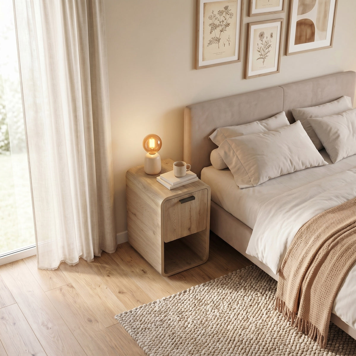 Sendra 30 cm Side Table with Drop-Down Door Storage — Natural Oak