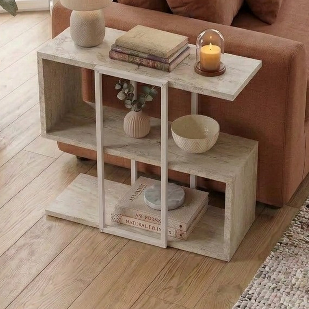 Grelle 56 cm Two-Tier Side Table with Metal Frame — Travertine