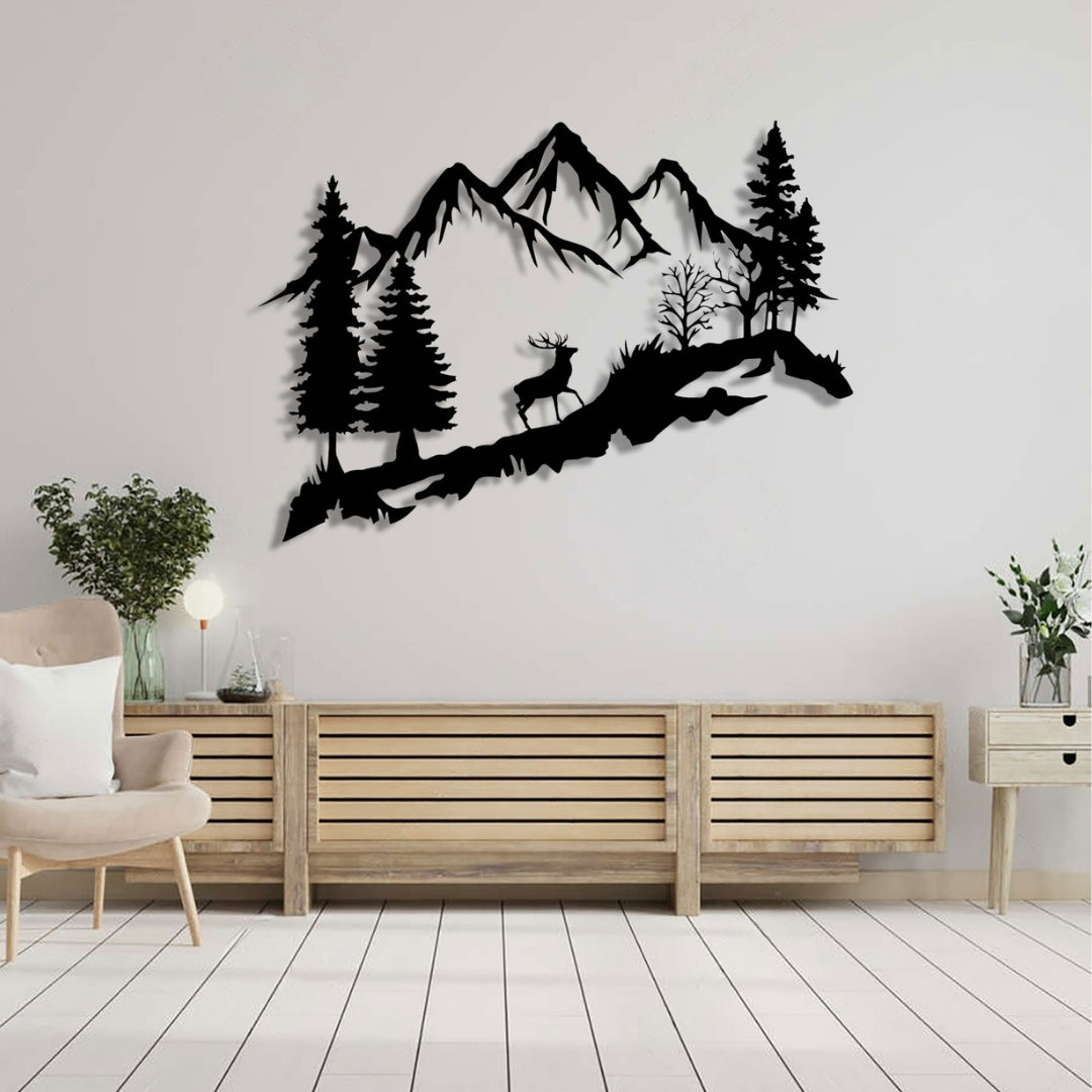 Mountain Deer Metal Wall Art – 3D Nature Scene with Trees & Mountains | 3 Sizes
