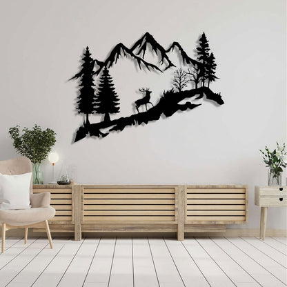Mountain Deer Metal Wall Art – 3D Nature Scene with Trees & Mountains | 3 Sizes