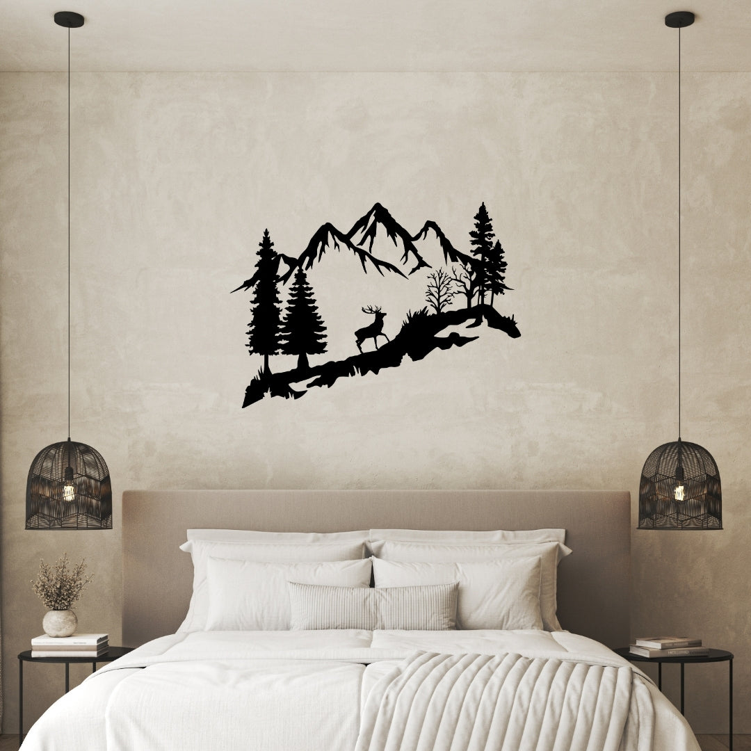 Mountain Deer Metal Wall Art – 3D Nature Scene with Trees & Mountains | 3 Sizes