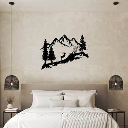 Mountain Deer Metal Wall Art – 3D Nature Scene with Trees & Mountains | 3 Sizes