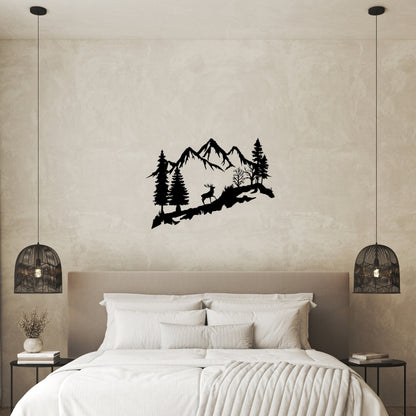 Mountain Deer Metal Wall Art – 3D Nature Scene with Trees & Mountains | 3 Sizes