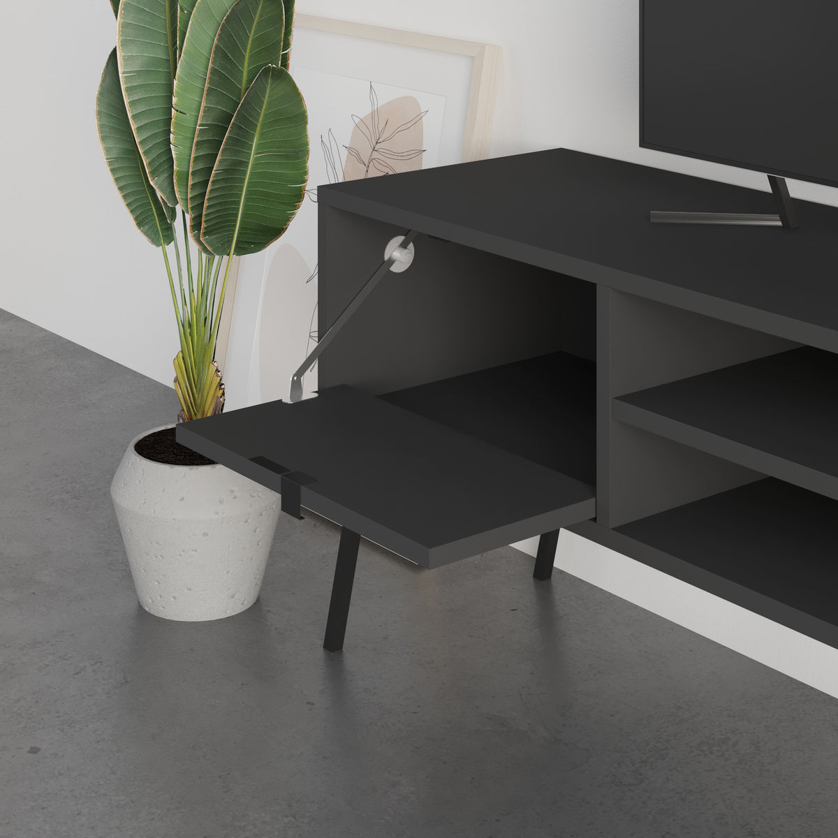 Skarn 143cm TV Stand with Patterned Doors & Metal Legs — Anthracite Grey