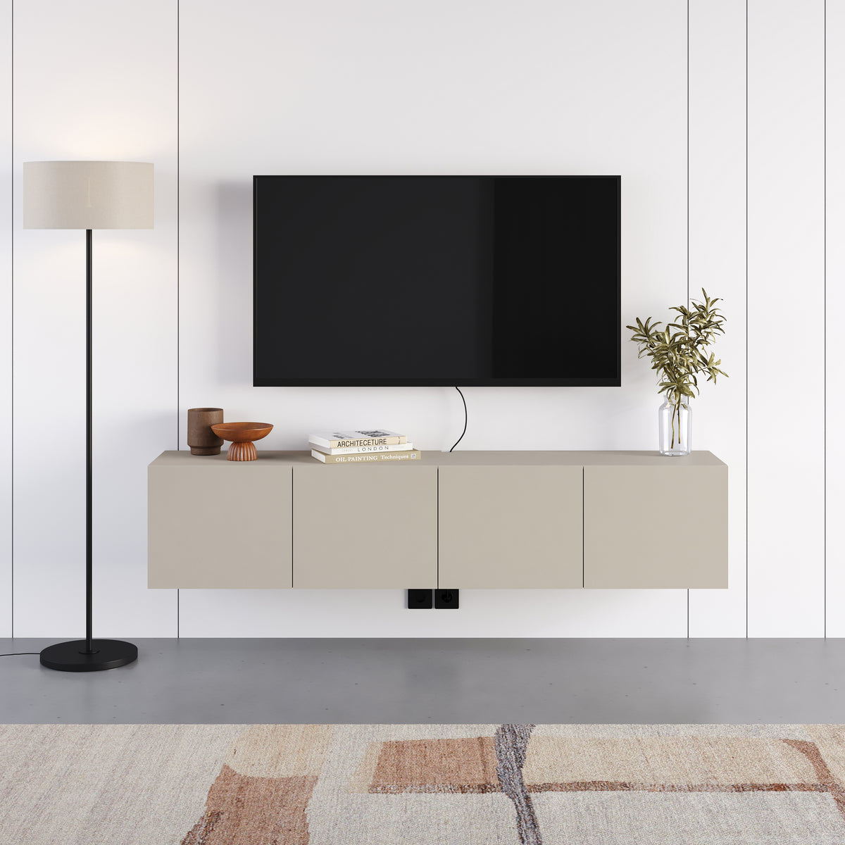 Hesmo 180cm Wall-Mounted TV Unit with 4 Soft-Close Doors — Sandstone