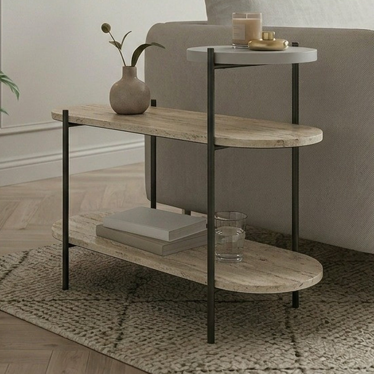 Fyrel 64cm 3-Tier Display Side Table with Metal Frame — Travertine