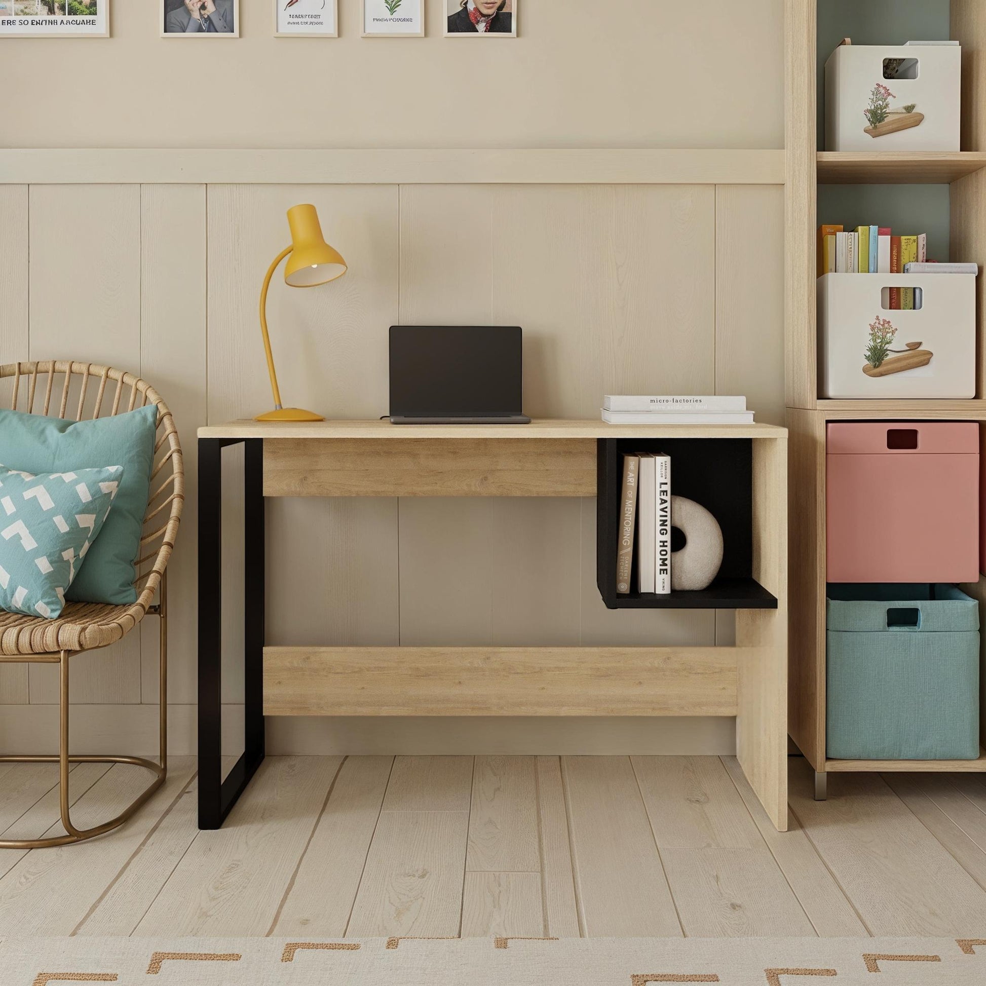 Study desk for bedrooms or offices with open shelving and metal support