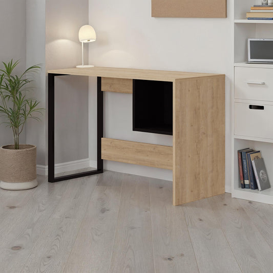 Compact wooden desk with black metal legs and built-in storage shelf