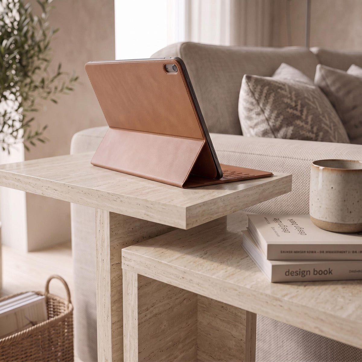 Jorsk C-Shaped Side Tables, Set of 2 (57 cm and 50 cm) — Travertine