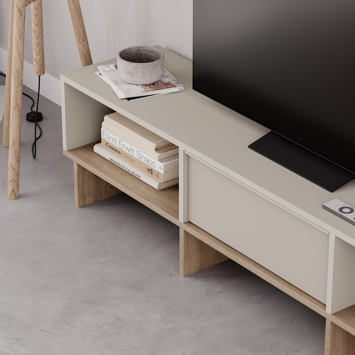 Trunvo 170cm TV Stand with Drop-Down Door and Open Shelves — Sandstone, Natural Oak