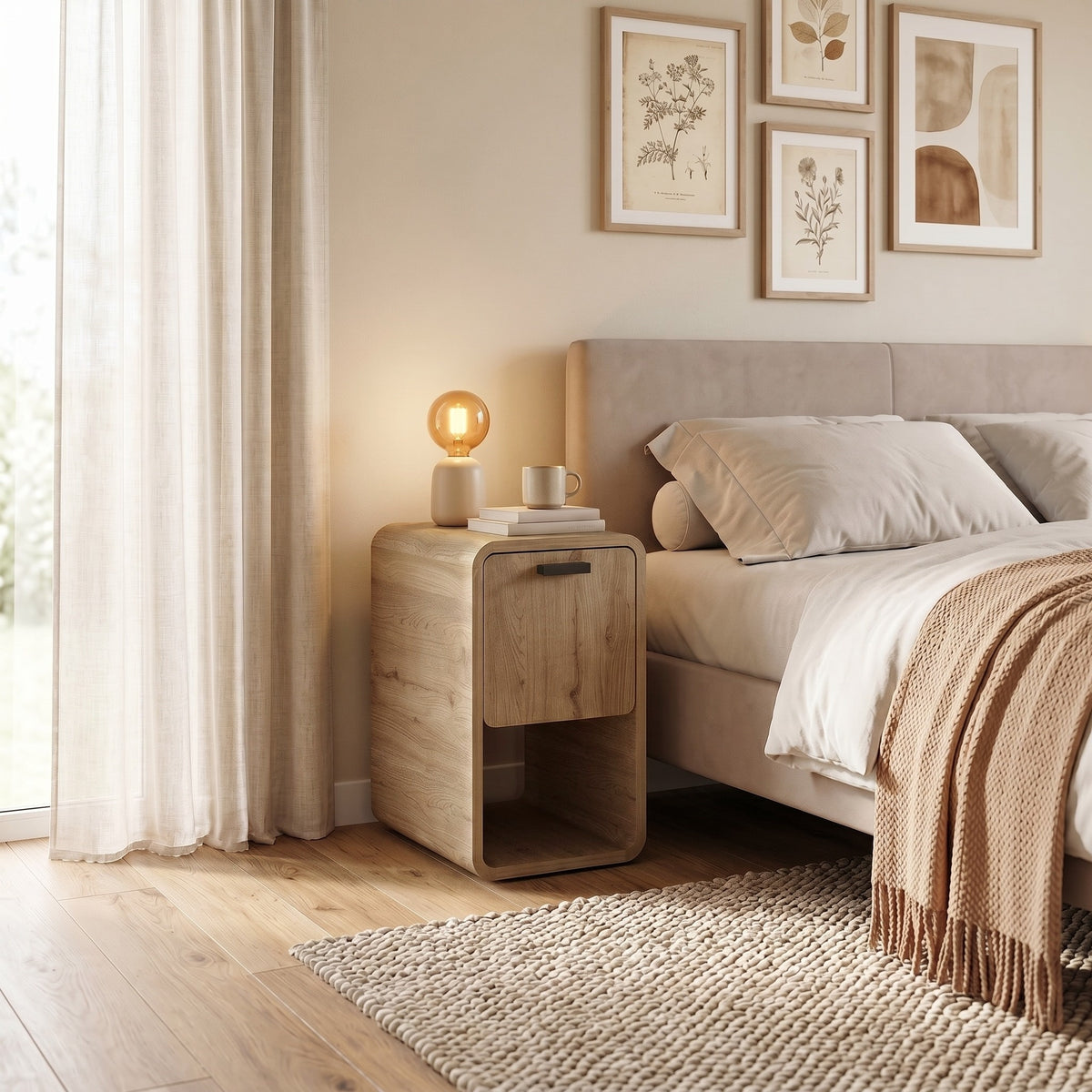 Sendra 30 cm Side Table with Drop-Down Door Storage — Natural Oak