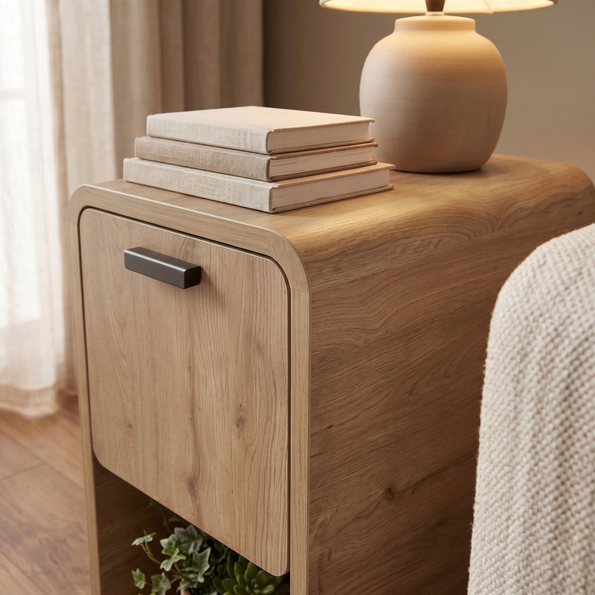 Sendra 30 cm Side Table with Drop-Down Door Storage — Natural Oak