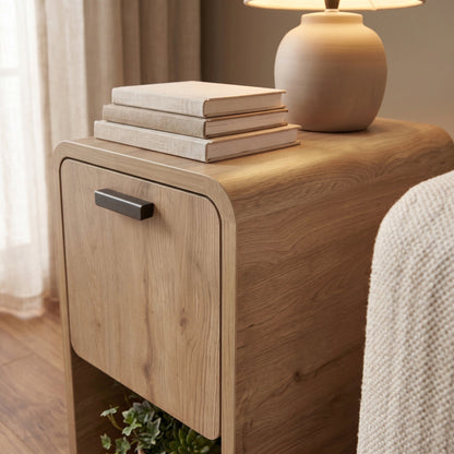 Sendra 30 cm Side Table with Drop-Down Door Storage — Natural Oak