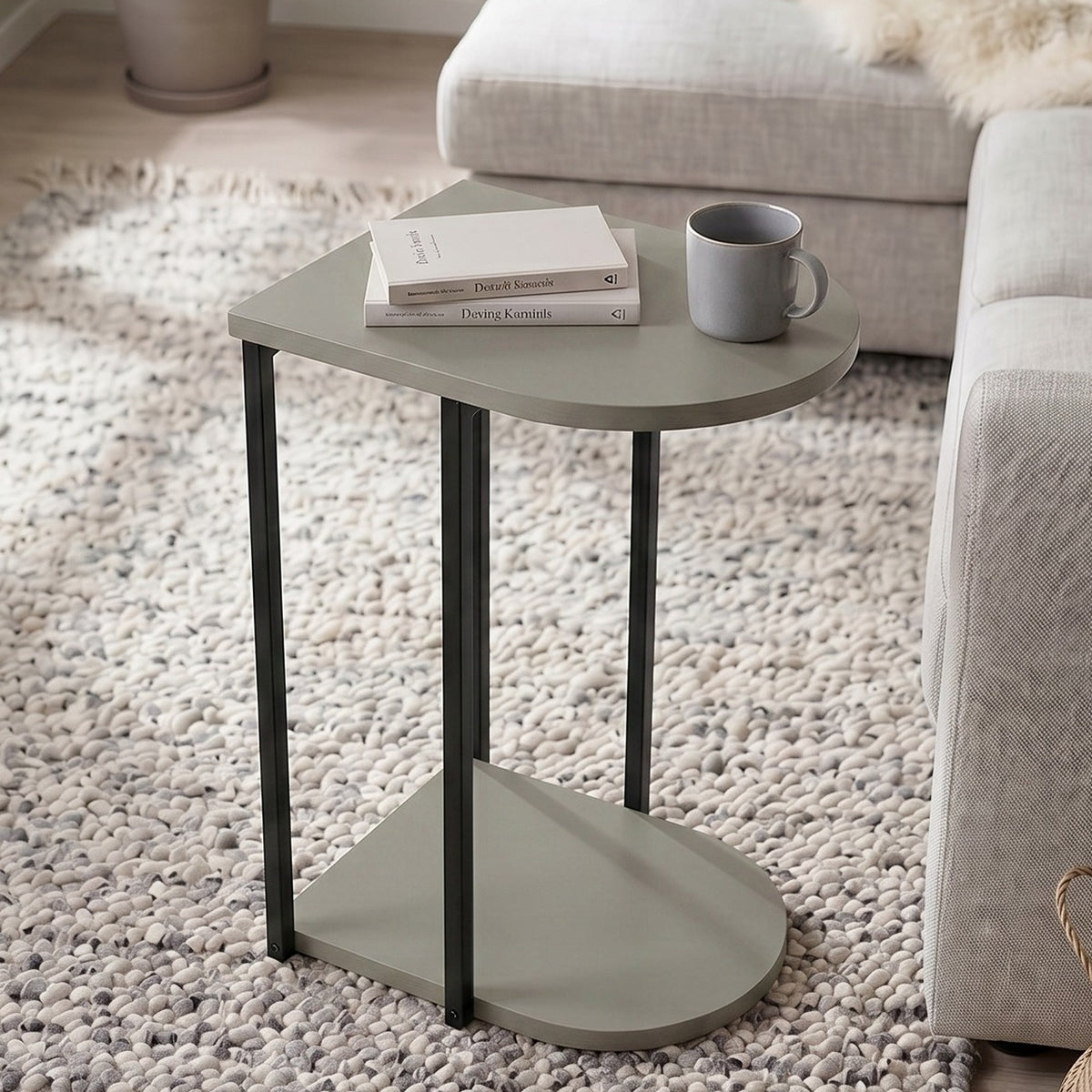 Yrsel 42cm Half-Round Side Table with Lower Shelf — Ash Green