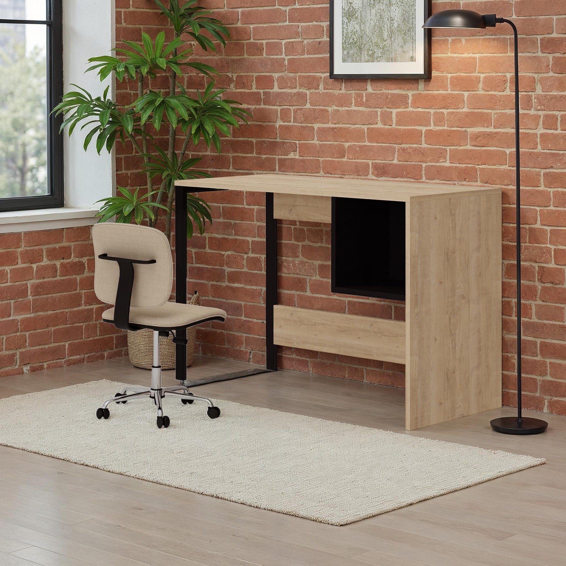 Wooden desk with storage ideal for compact workspaces and home use