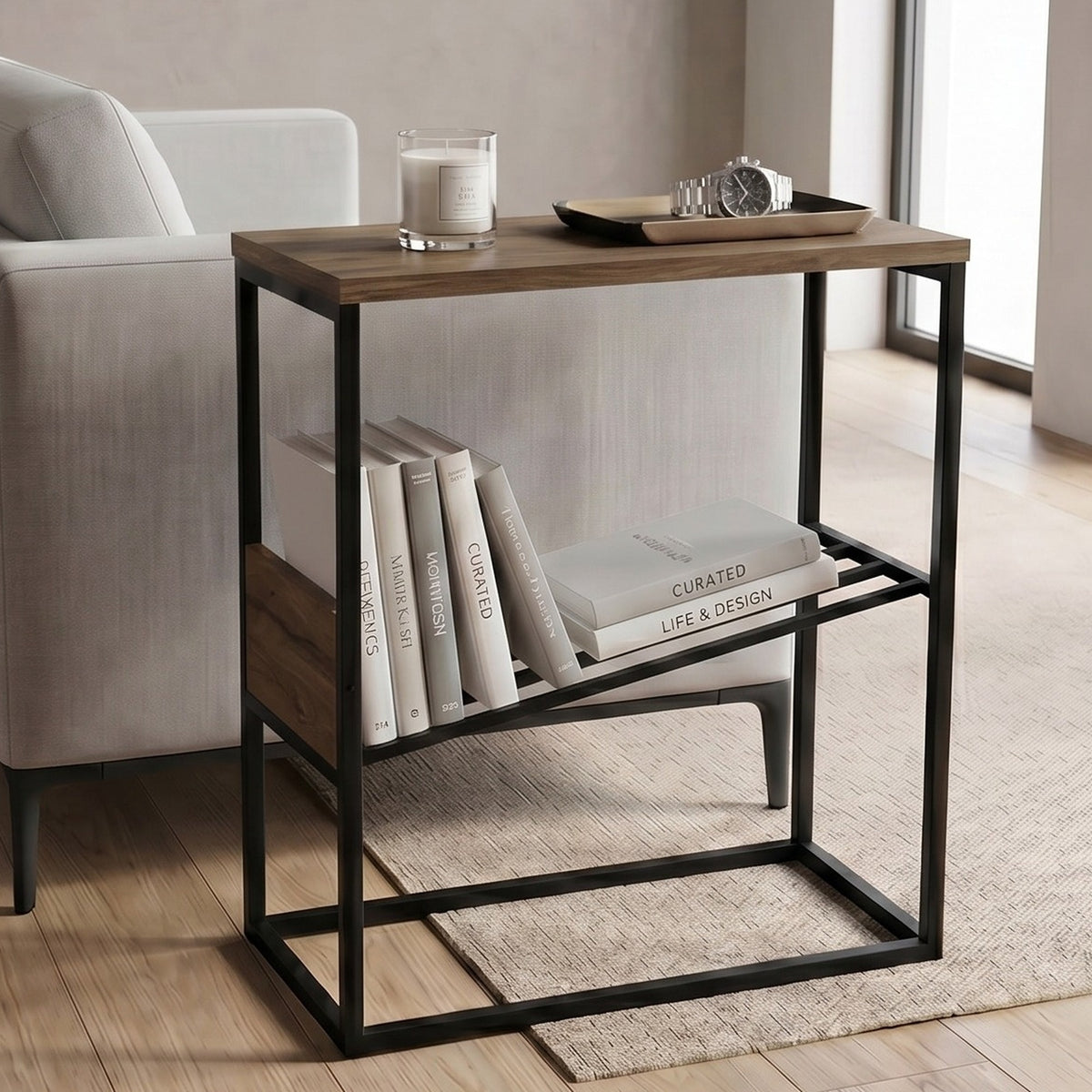 Rimble 55cm End Table with Angled Book Rack — Dark Oak Effect