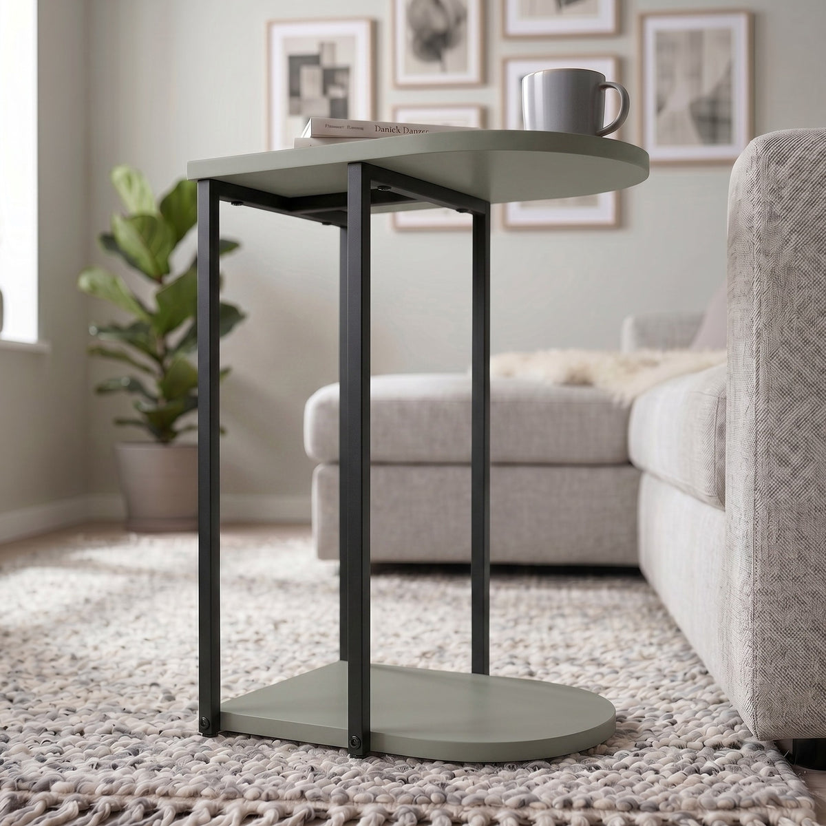 Yrsel 42cm Half-Round Side Table with Lower Shelf — Ash Green