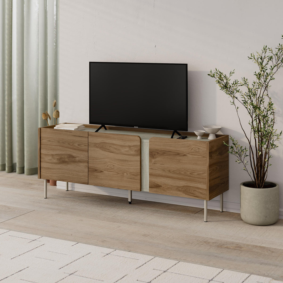 Eskor 140cm TV Stand with 3 Soft-Close Doors & 5 Shelves — Travertine, Whiskey Oak
