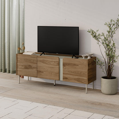 Eskor 140cm TV Stand with 3 Soft-Close Doors & 5 Shelves — Travertine, Whiskey Oak