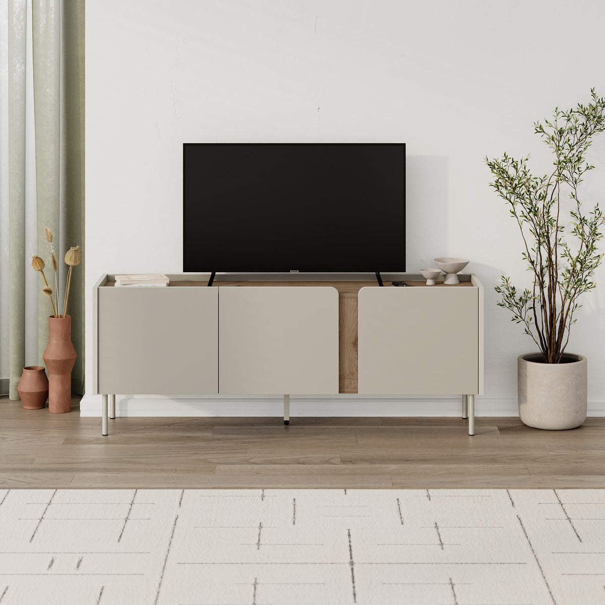 Eskor 140cm TV Stand with 3 Soft-Close Doors & 5 Shelves — Natural Oak, Sandstone