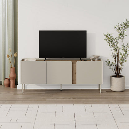 Eskor 140cm TV Stand with 3 Soft-Close Doors & 5 Shelves — Natural Oak, Sandstone