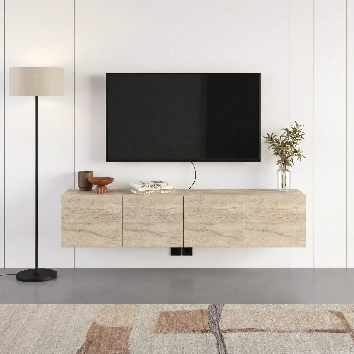 Hesmo 180cm Wall-Mounted TV Unit with 4 Soft-Close Doors — Travertine