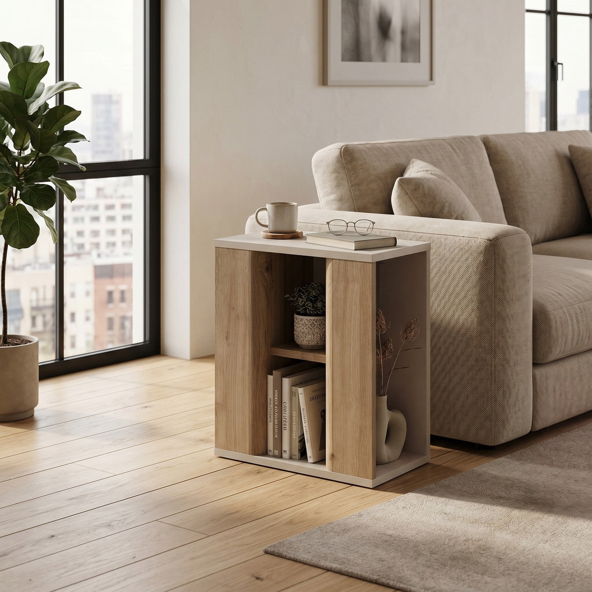 Rudmo 45 cm Slim Side Table with Open Storage Niches — Natural Oak, Sandstone