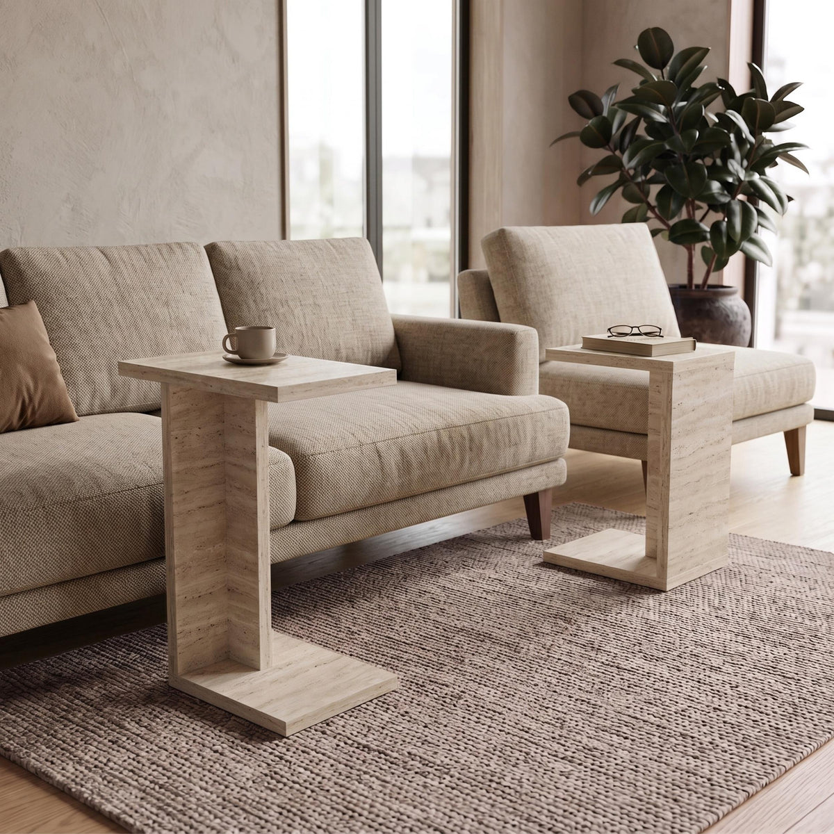 Jorsk C-Shaped Side Tables, Set of 2 (57 cm and 50 cm) — Travertine