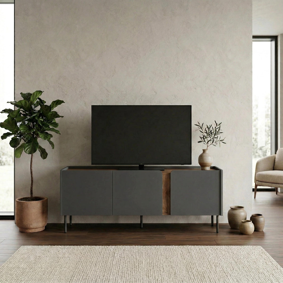 Eskor 140cm TV Stand with 3 Soft-Close Doors & 5 Shelves — Natural Oak, Anthracite