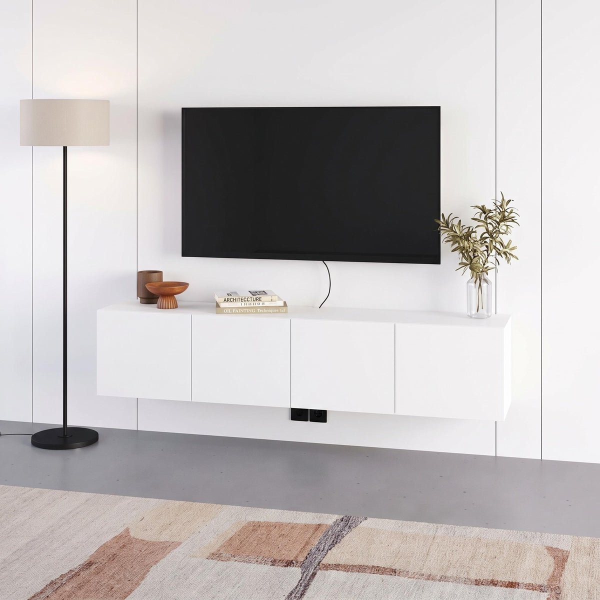 Hesmo 180cm Wall-Mounted TV Unit with 4 Soft-Close Doors — White