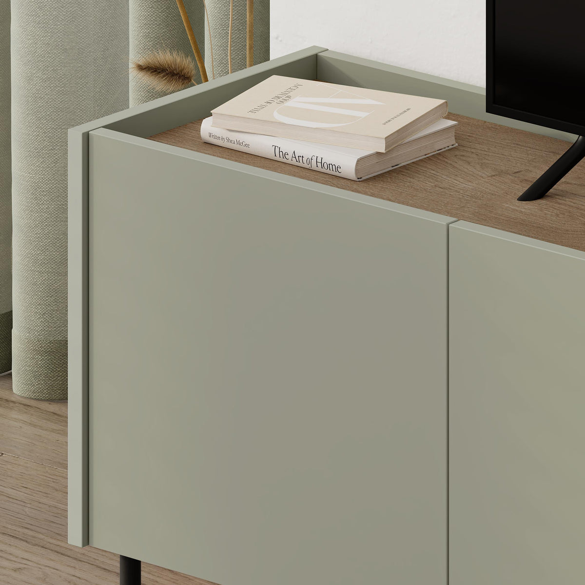 Eskor 140cm TV Stand with 3 Soft-Close Doors & 5 Shelves — Natural Oak, Ash Green