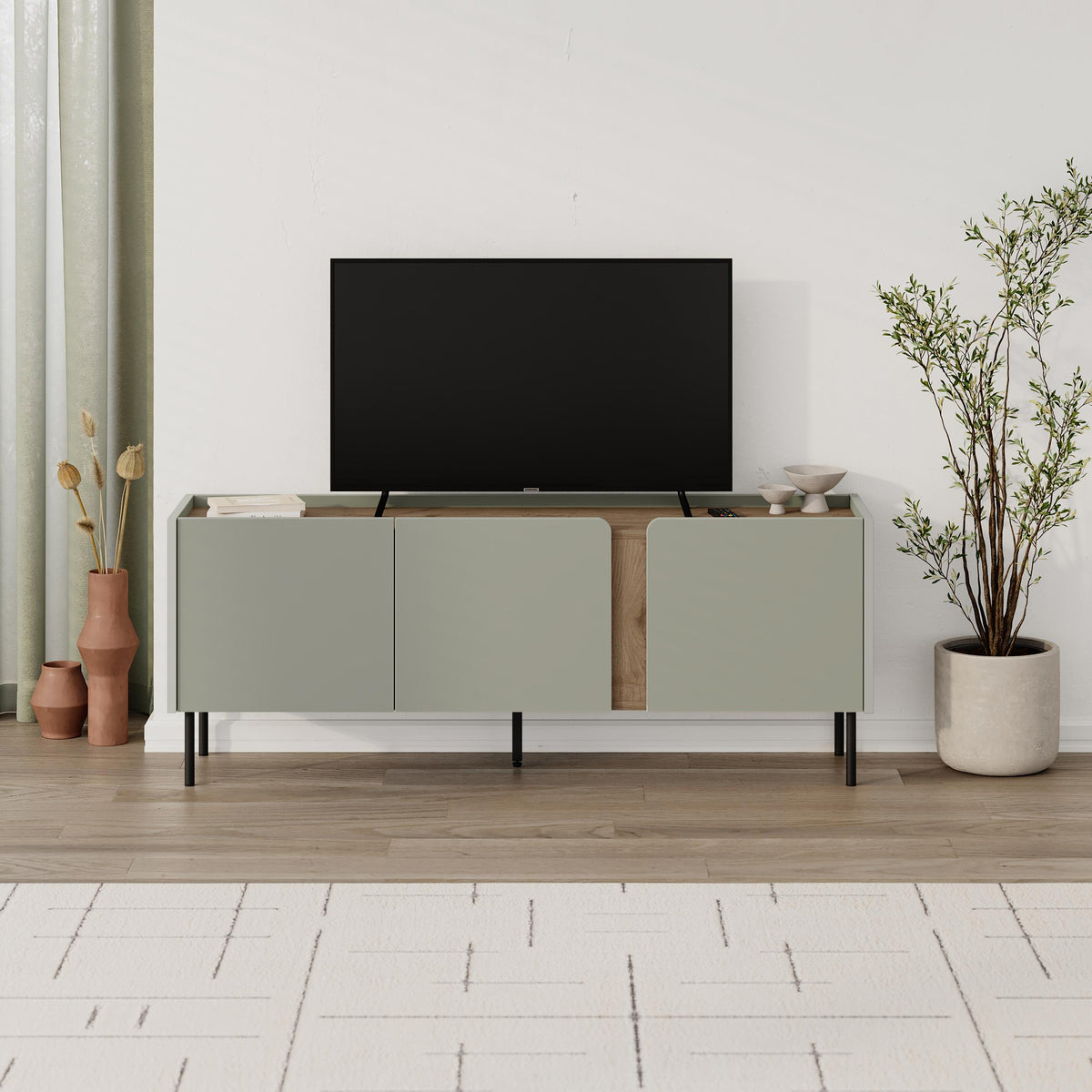 Eskor 140cm TV Stand with 3 Soft-Close Doors & 5 Shelves — Natural Oak, Ash Green