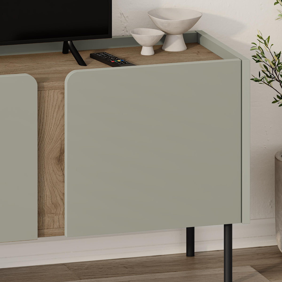 Eskor 140cm TV Stand with 3 Soft-Close Doors & 5 Shelves — Natural Oak, Ash Green