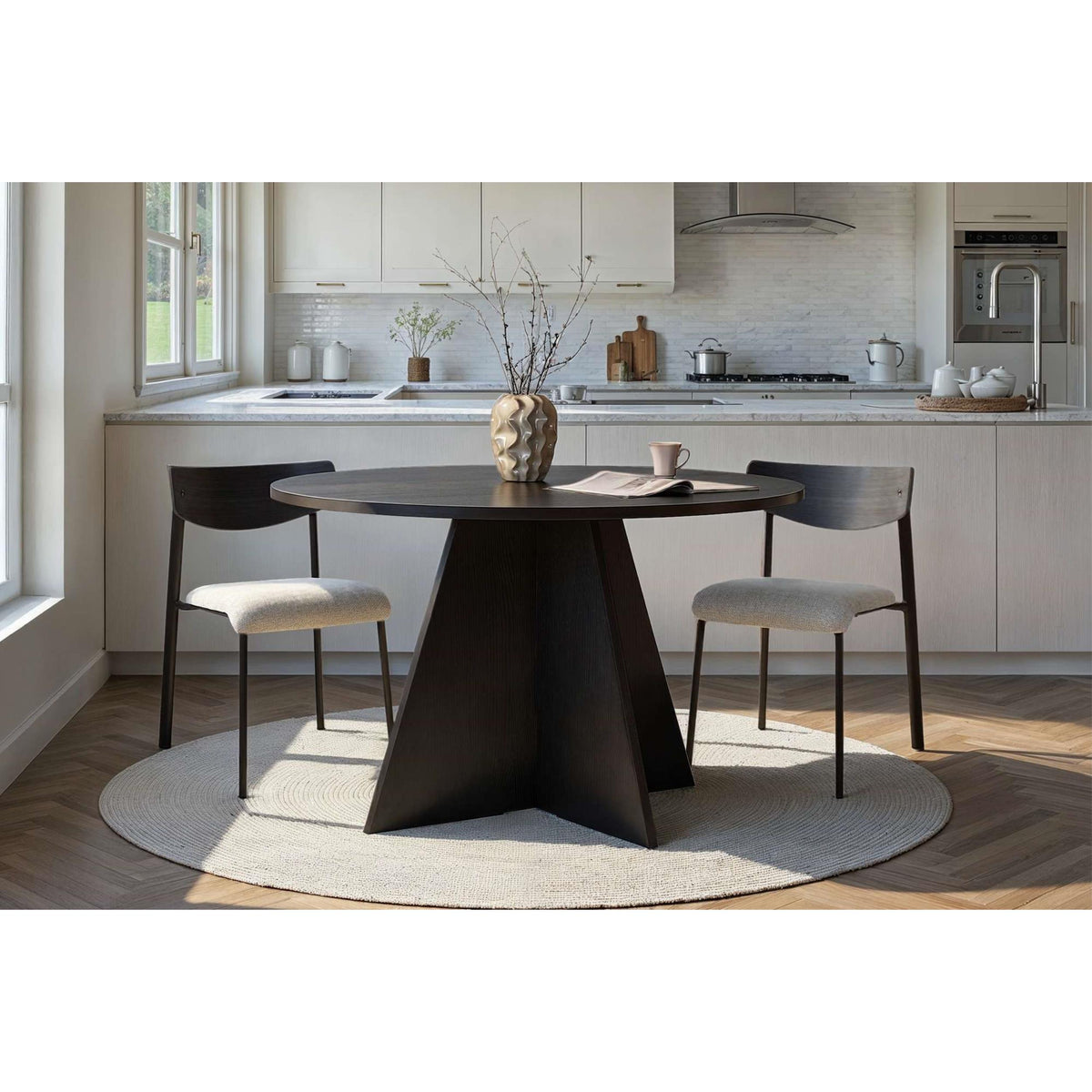 Tamsk 120cm Round Dining Table for 4 with Panel Legs — Black Wood