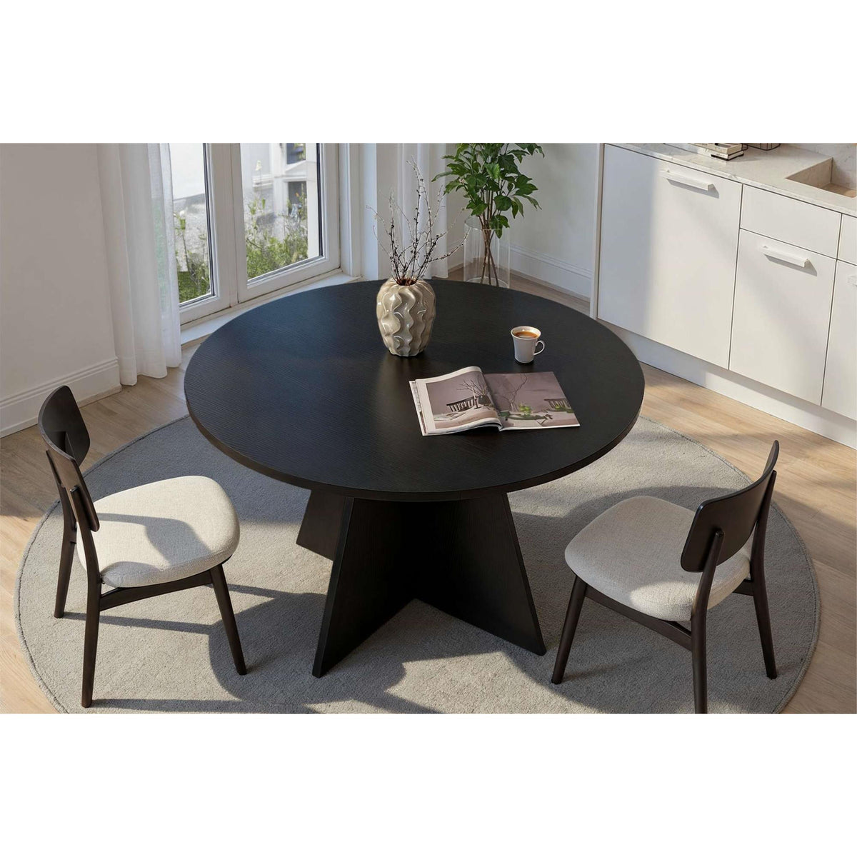Tamsk 120cm Round Dining Table for 4 with Panel Legs — Black Wood