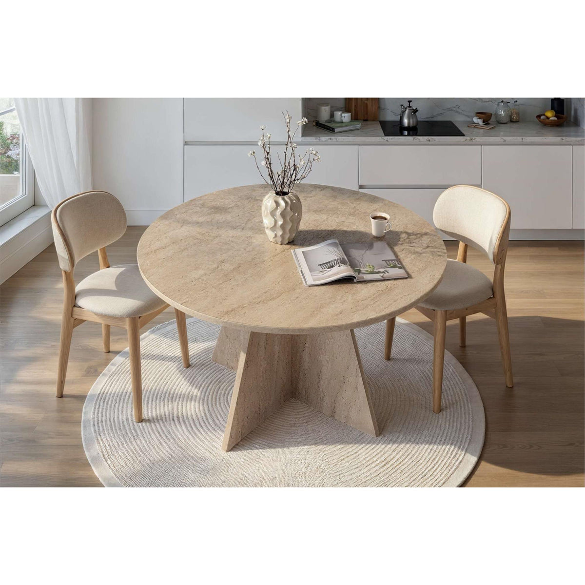 Tamsk 120cm Round Dining Table for 4 with Panel Legs — Travertine