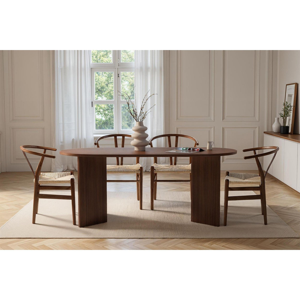 Vanrik 180x90cm Oval Dining Table with Twin Panel Legs — Dark Brown Oak Effect