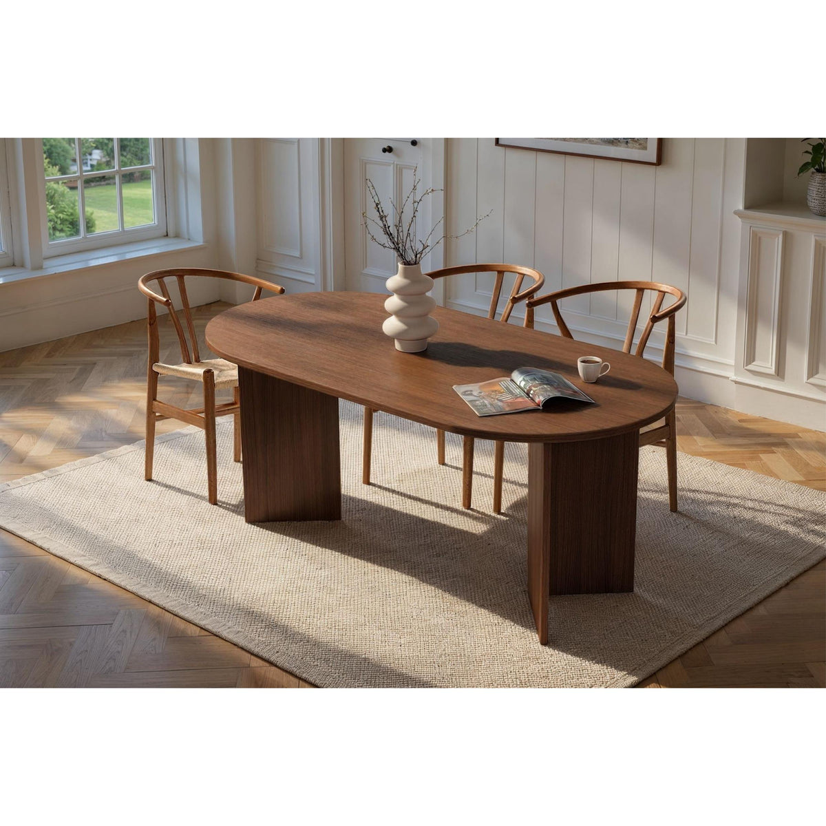 Vanrik 180x90cm Oval Dining Table with Twin Panel Legs — Dark Brown Oak Effect