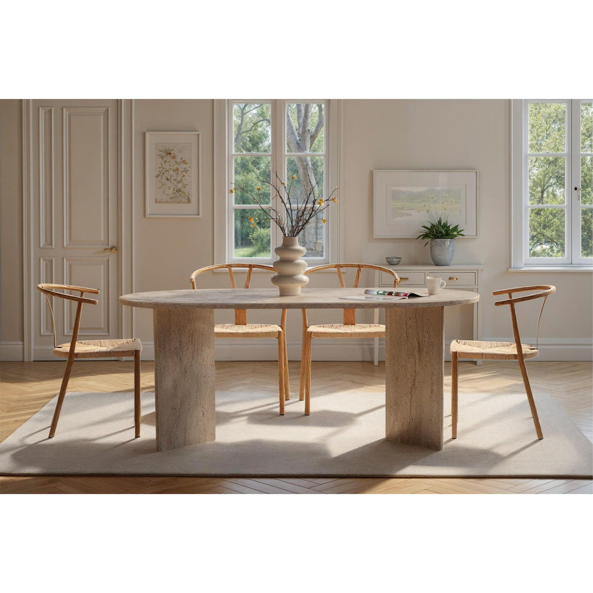 Vanrik 180x90cm Oval Dining Table with Twin Panel Legs — Travertine