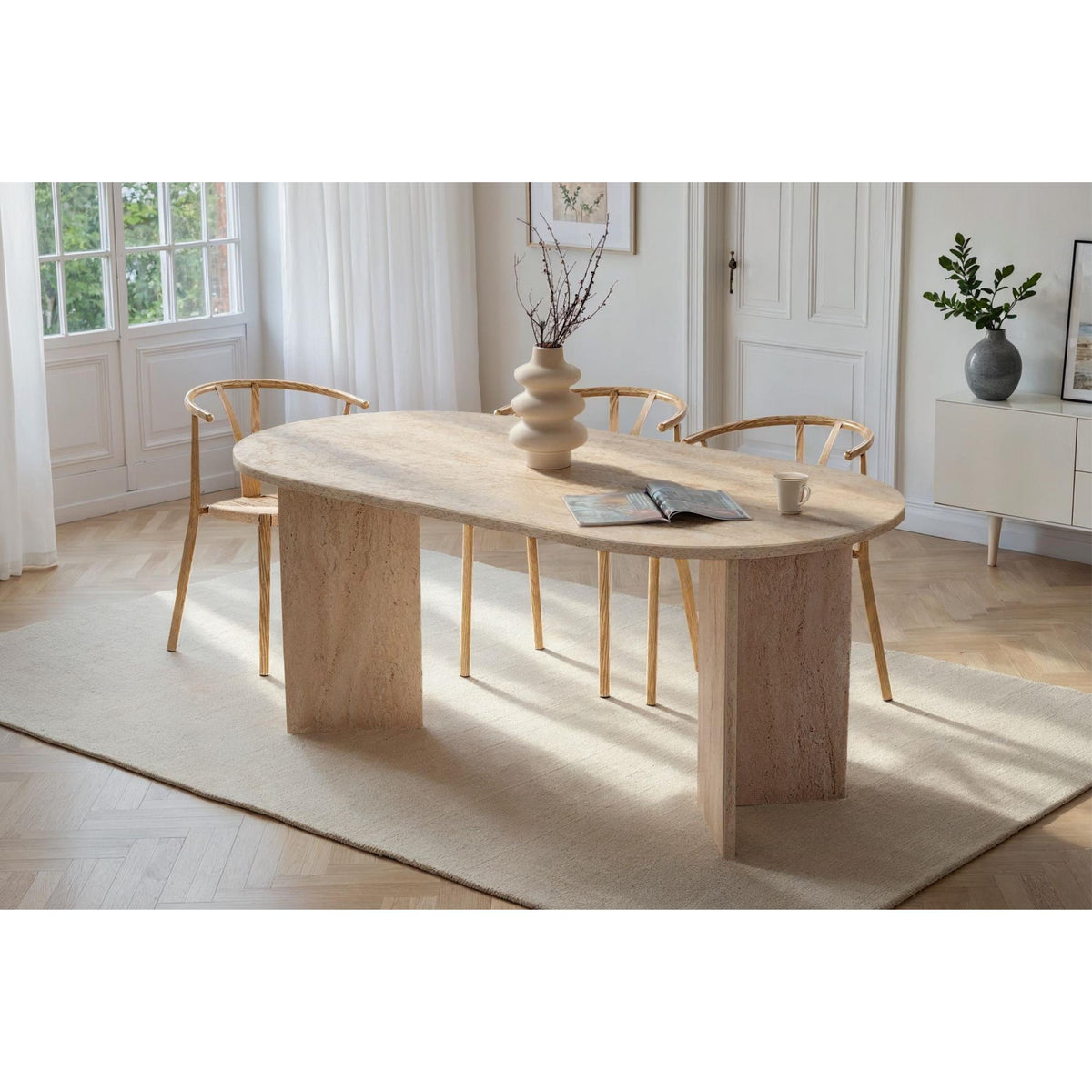 Vanrik 180x90cm Oval Dining Table with Twin Panel Legs — Travertine