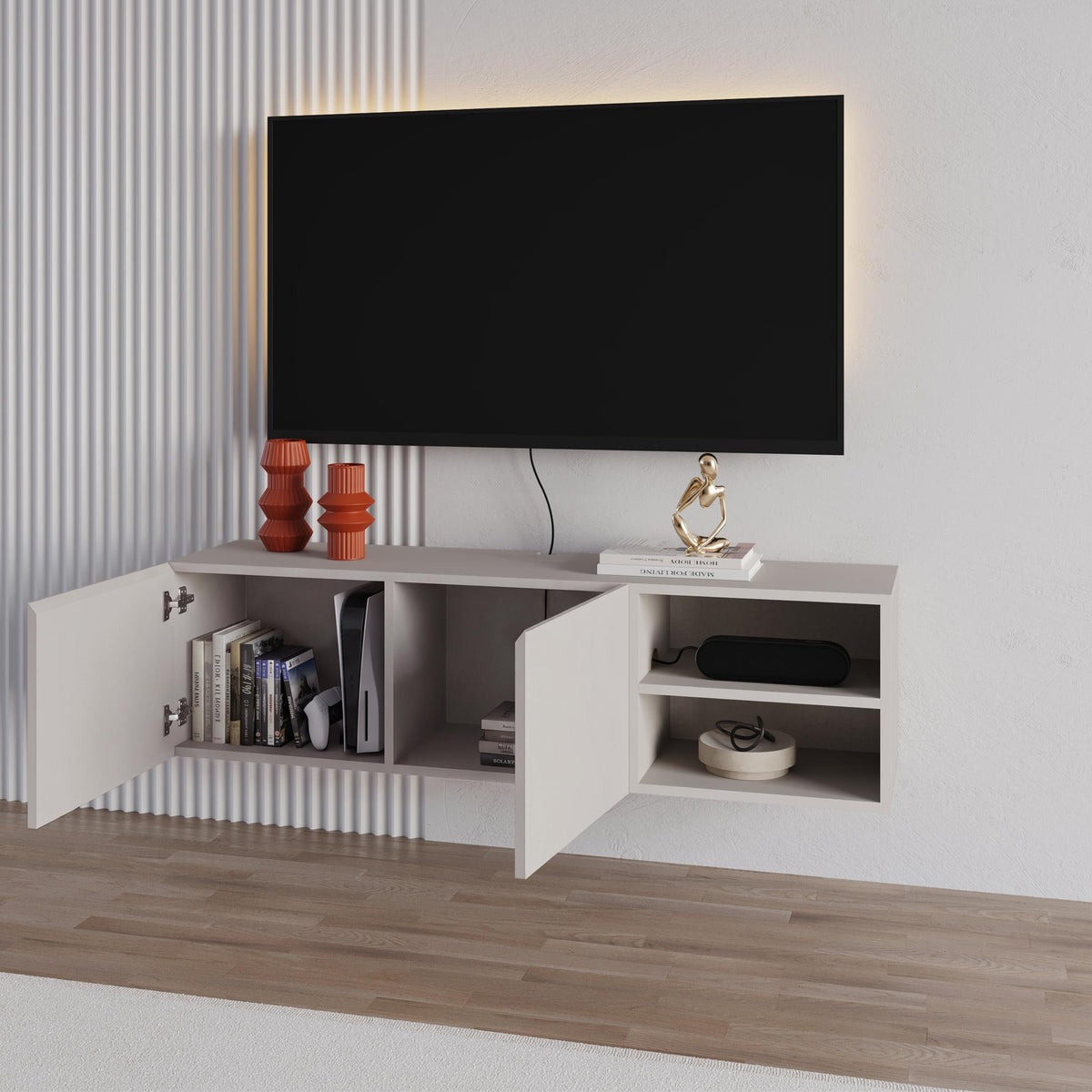 Gilvar 140cm Floating-Style TV Unit with 2 Soft-Close Doors — Sandstone