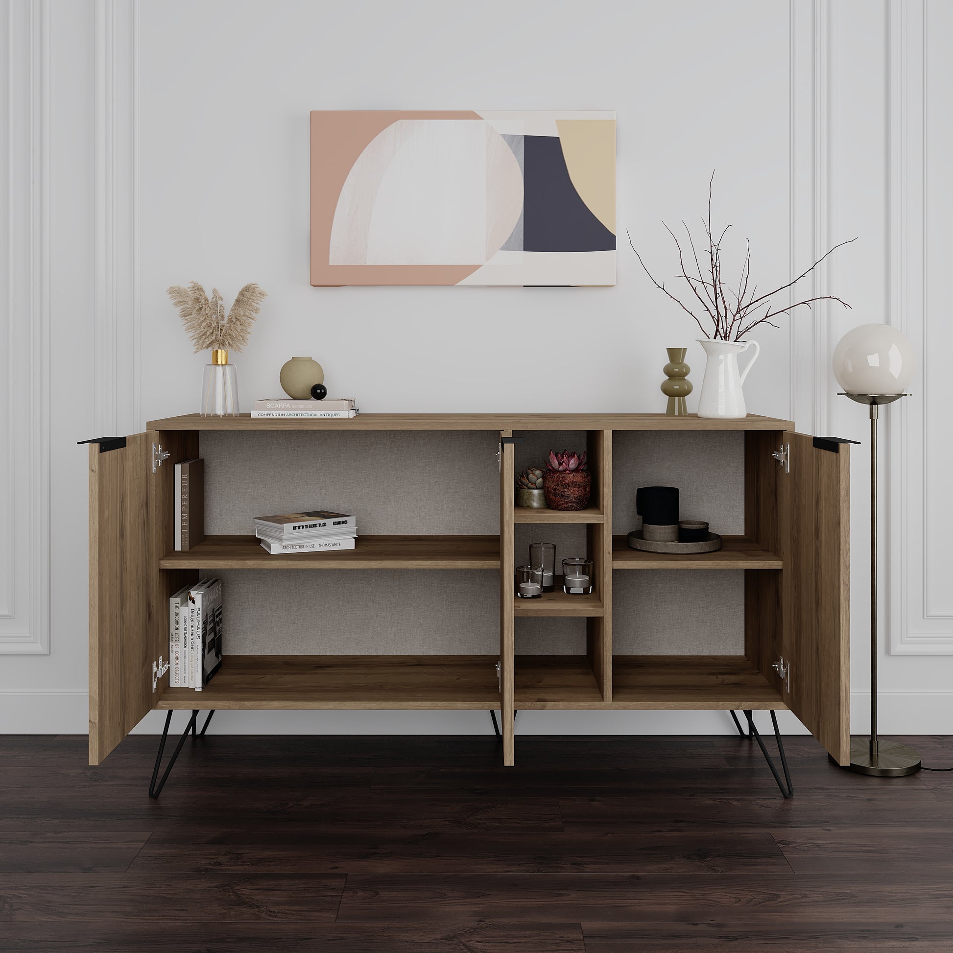 Modern sideboard cabinet with metal legs and closed storage, ideal for living room, dining area or hallway