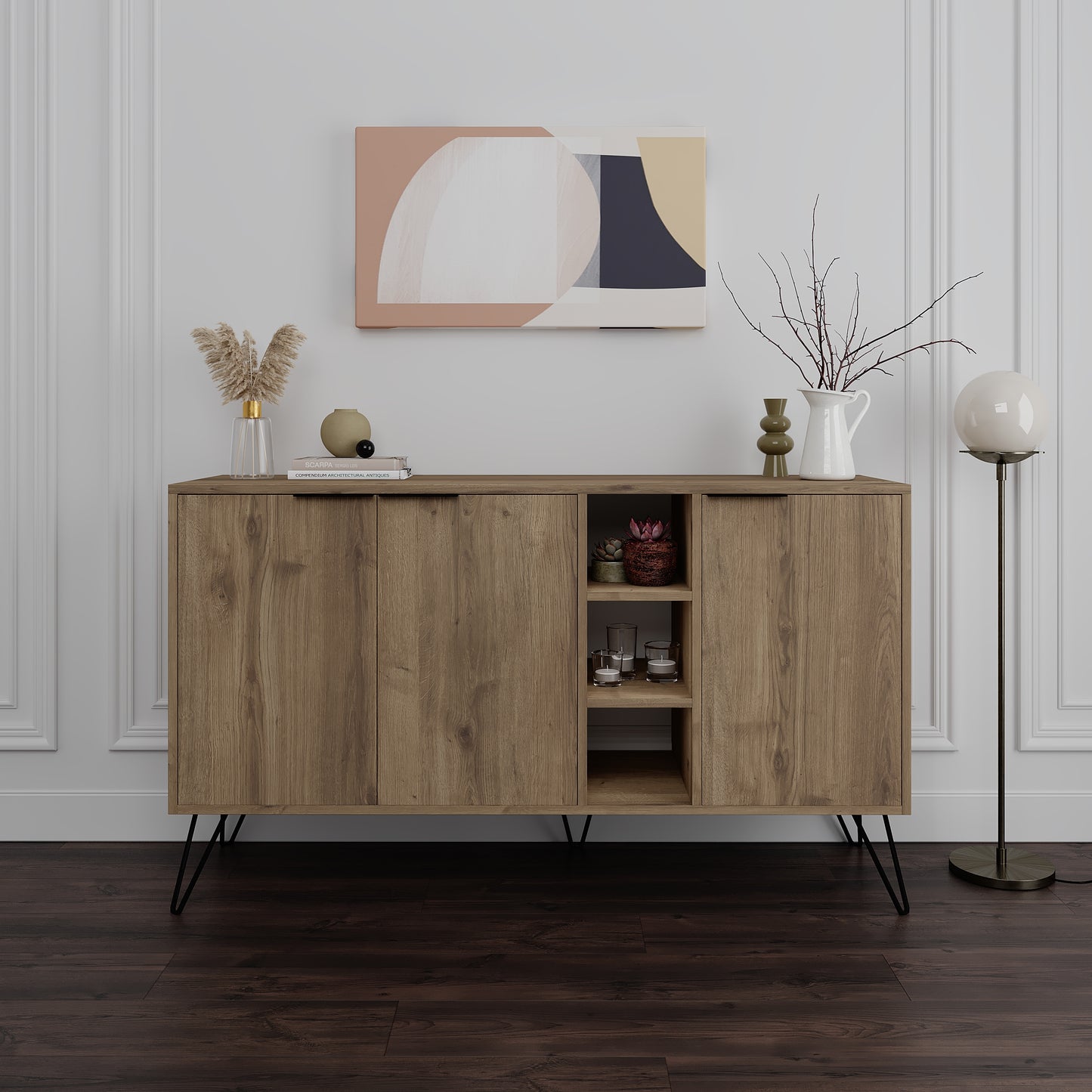 Modern sideboard cabinet with metal legs and closed storage, ideal for living room, dining area or hallway