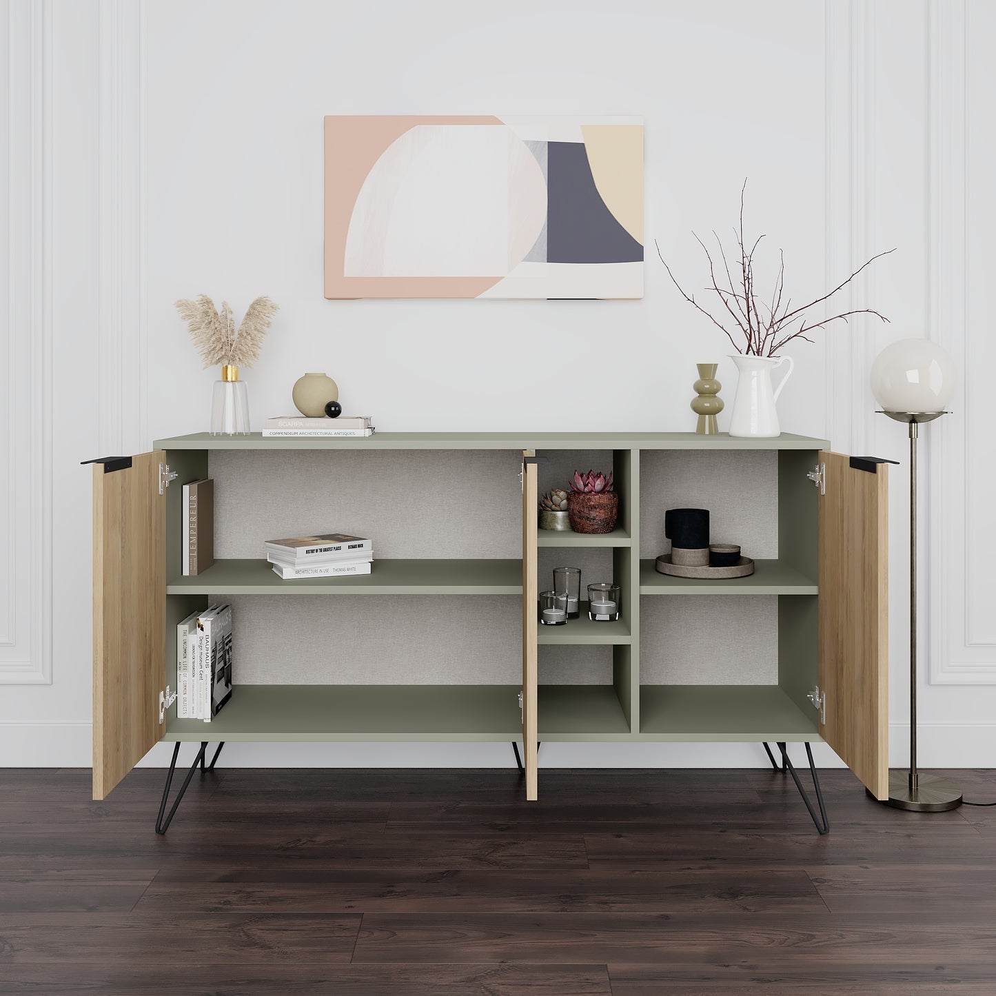 Modern sideboard cabinet with metal legs and closed storage, ideal for living room, dining area or hallway