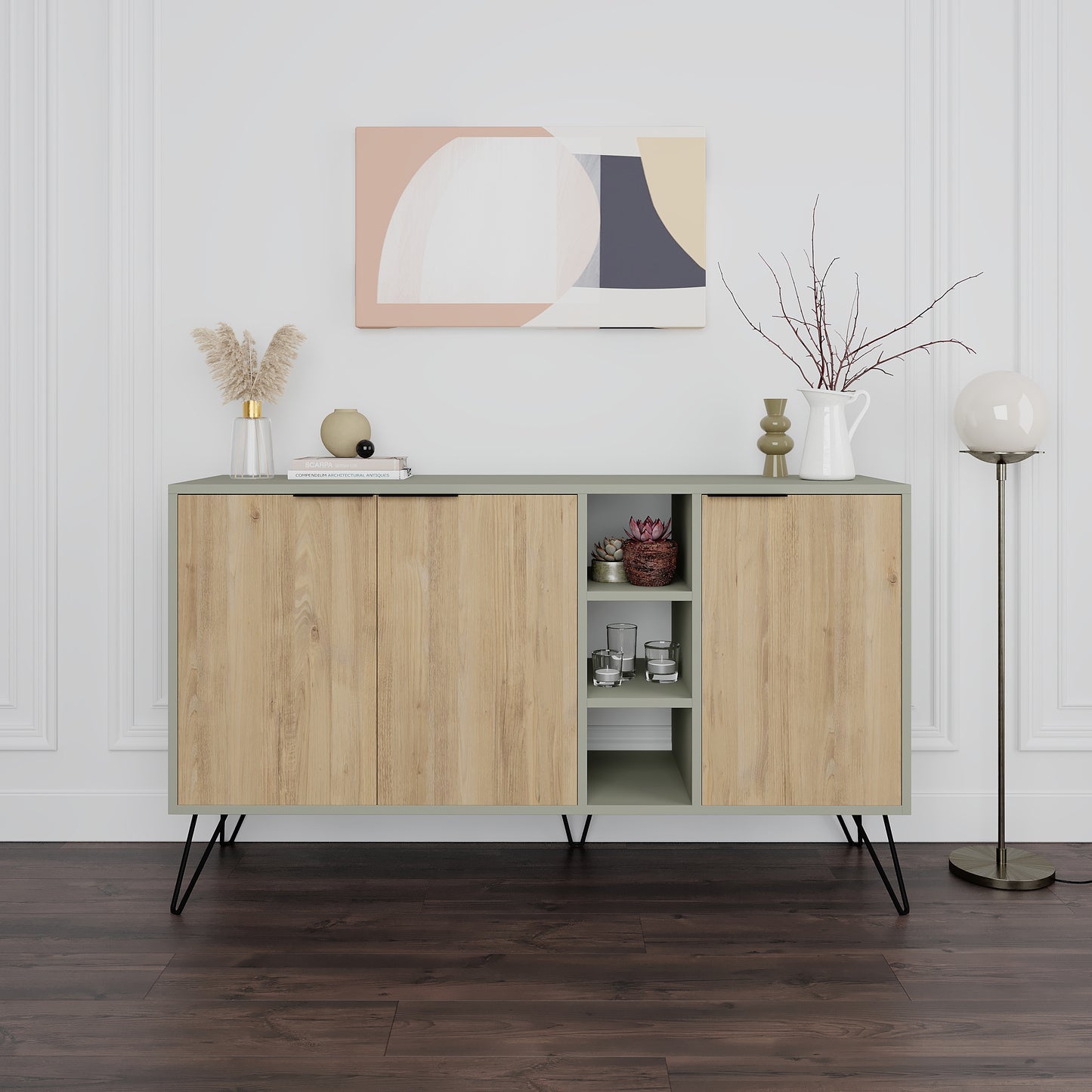 Modern sideboard cabinet with metal legs and closed storage, ideal for living room, dining area or hallway