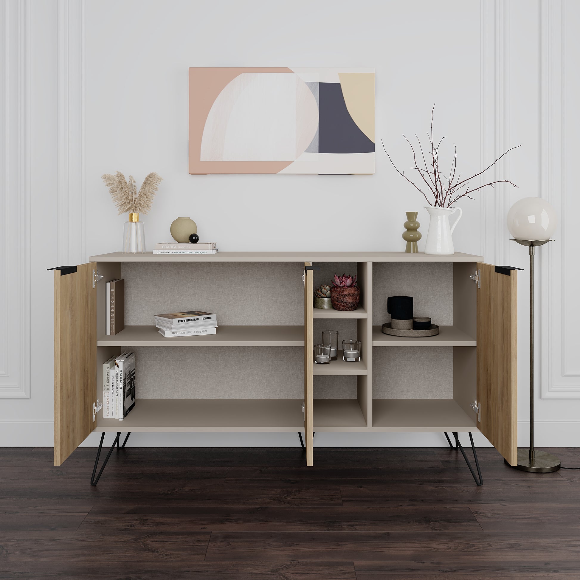 Modern sideboard cabinet with metal legs and closed storage, ideal for living room, dining area or hallway