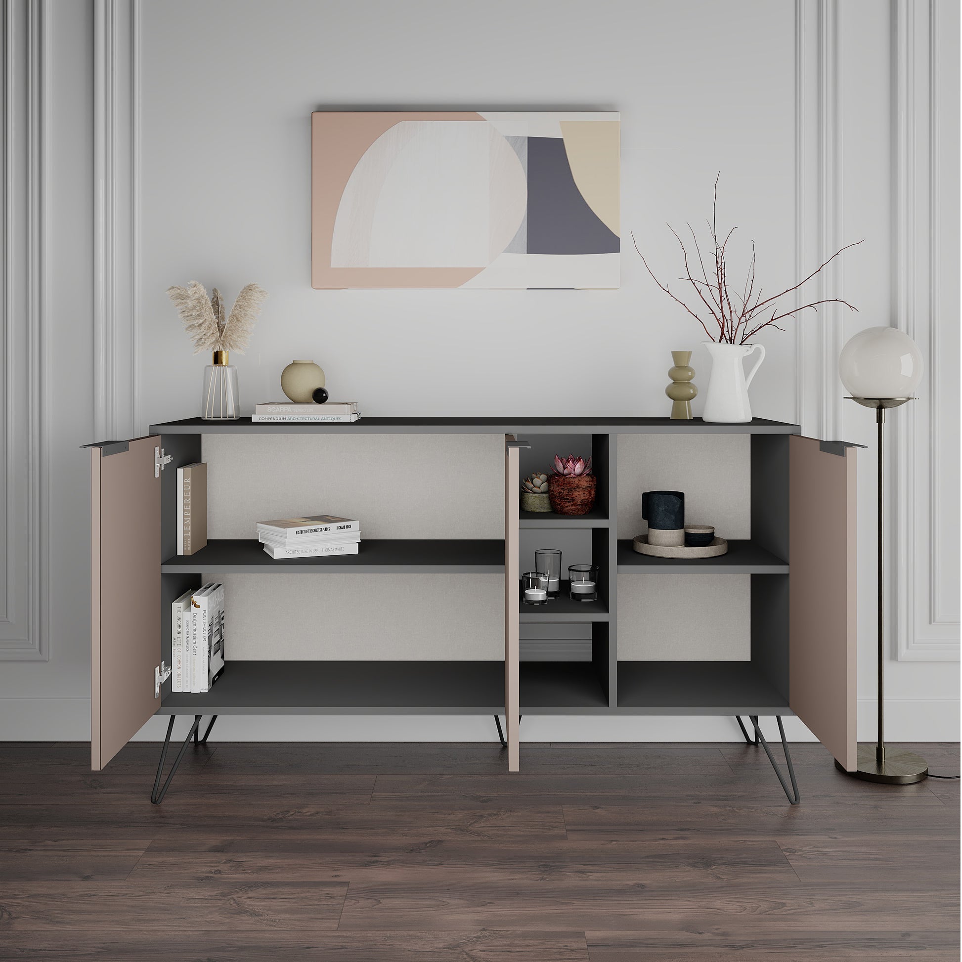 Modern sideboard cabinet with metal legs and closed storage, ideal for living room, dining area or hallway
